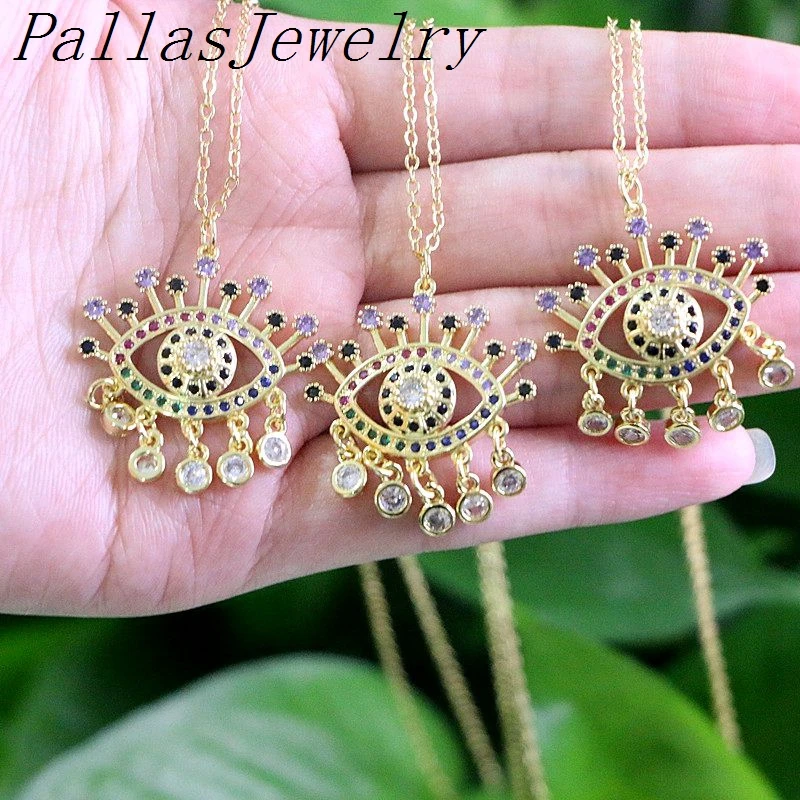 

10Pcs Fashion Necklace Gold Color Jewelry Colorful CZ Cubic Zirconia Eyes Lucky Pendant Charm Necklaces For Lady Girls
