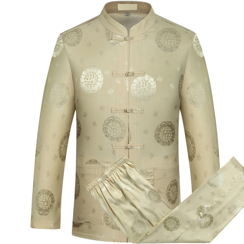 Gray Chinese Dragon Men's Tang Suit Sets Long Sleeve Shirt Long Pants Dragon Kung Fu Suit High Quality Silk Wu Shu Tai Chi Sets