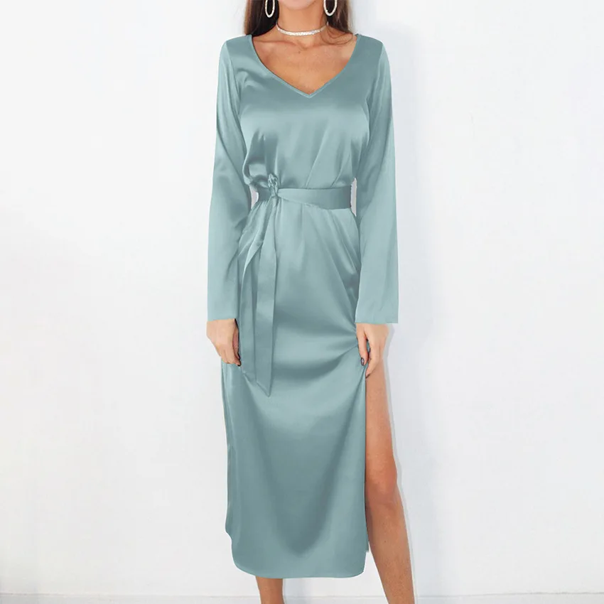 

Women Dress Silk 2022 Spring New Fashion French Chiffon Office Lady Straight Knee-Length V-Neck Full Solid Women Dress