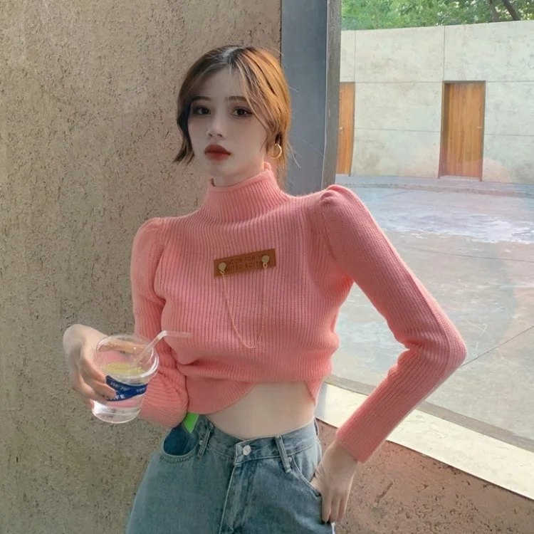 

Half High Neck Bubble Sleeve Sweater Women's Ins Slim Design Short Sweater Long Sleeve Top Fashion X1929