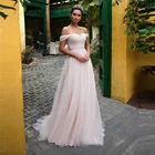Простое Тюлевое свадебное платье-трапеция с открытыми плечами и лентой по индивидуальному заказу, 2021