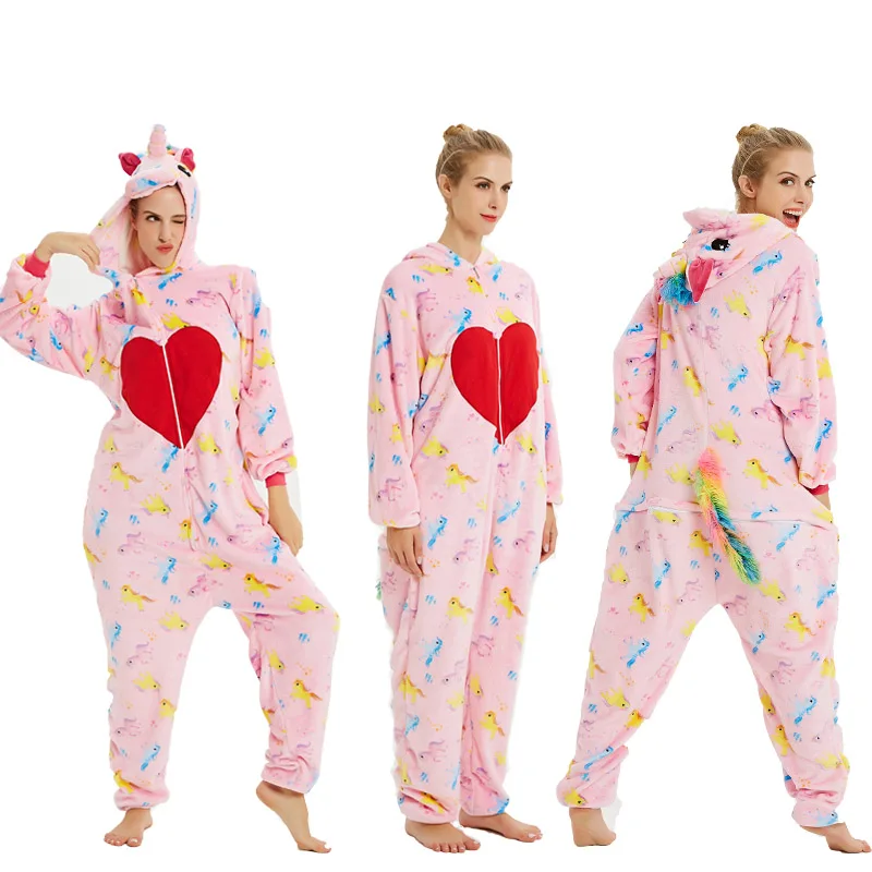 New Unicorn Pajama Winter Adults Women Animal Kigurumi Pajamas Sets Cartoon Nightie Stitch Shark Panda Flannel Sleepwear | Женская