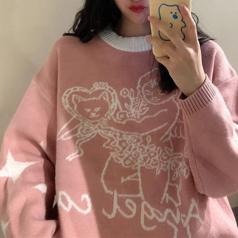 

Deeptown Korean Style Angel Print Knitted Sweater Women Harajuku Pink Crewneck Oversize Long Sleeve Jumper Female Winter Tops