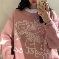 deeptown korean style angel print knitted sweater women harajuku pink crewneck oversize long sleeve jumper female winter tops