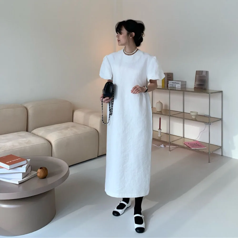 

Fashion Korean 2021 Women's Dress Temperament Elegant Loose Casual Retro Solid Color Simplicity Round Neck Puff Sleeve