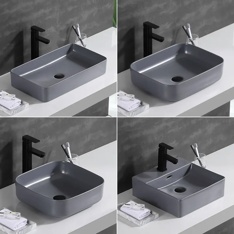 

Nordic Above Counter Wash Basin Square Household Basin Bathroom Ceramic Single Basin Gray Shampoo Sinks Counter Portable Sinks