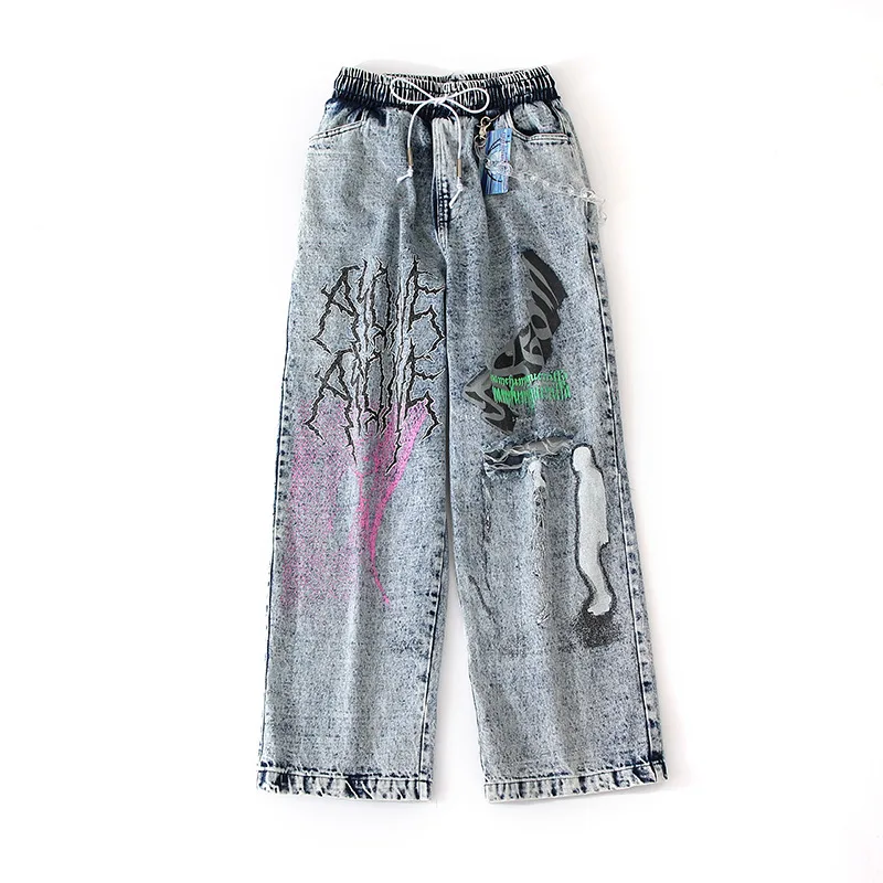 

2020 spring denim wide-leg pants women loose thin waist pants pants graffiti printed straight pants tide brand