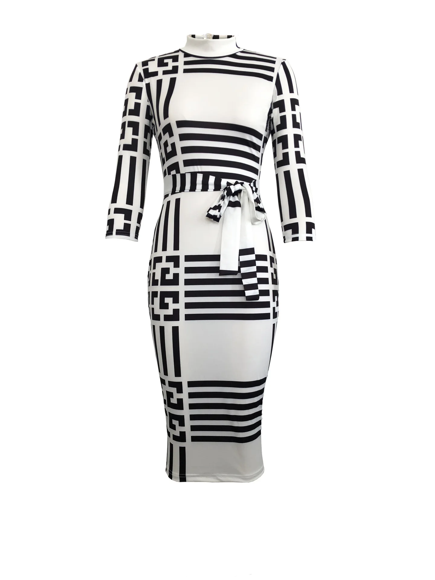 

Spring and Autumn New Women's Dress Fashion High Collar Casual Dress Striped Color Matching Sexy Bodycon Hip Tight Vestidos