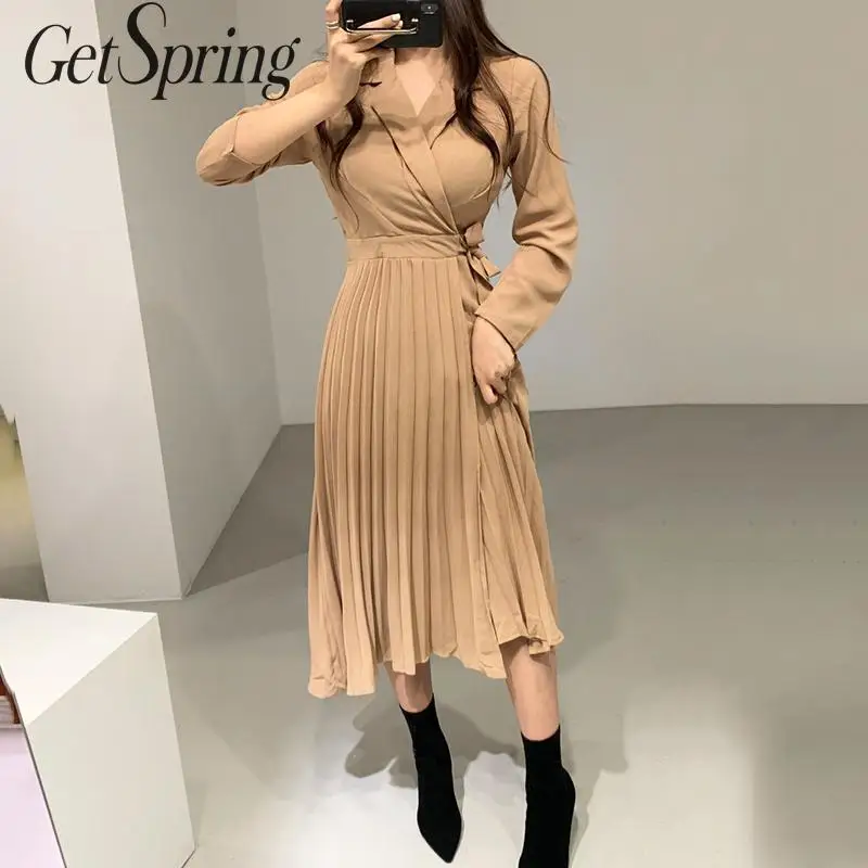 GetSpring женское платье с зазубренным длинным рукавом Блейзер платья со шнуровкой