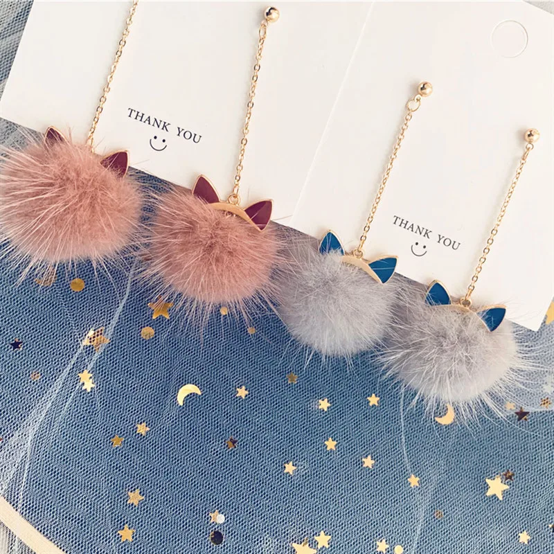Женские серьги подвески с помпоном милые длинные из кроличьего меха и кошачьими