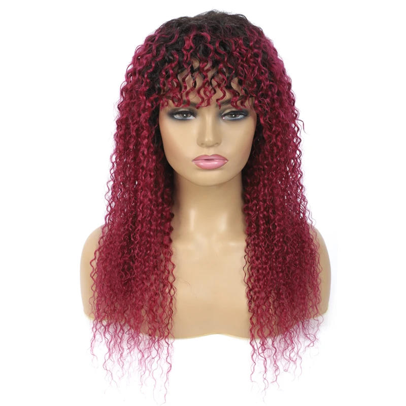 

Brazilian Kinky Curly Human Hair Wigs With Bangs Ombre Red Full Machine Made Wigs For Black Women Non Lace Human Hair Wigs 150%