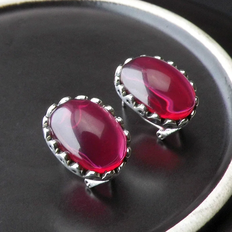 

FNJ 925 Silver Earrings for Women Jewelry 100% Original Pure S925 Sterling Silver Stud Earring Rose Red Corundum Stone