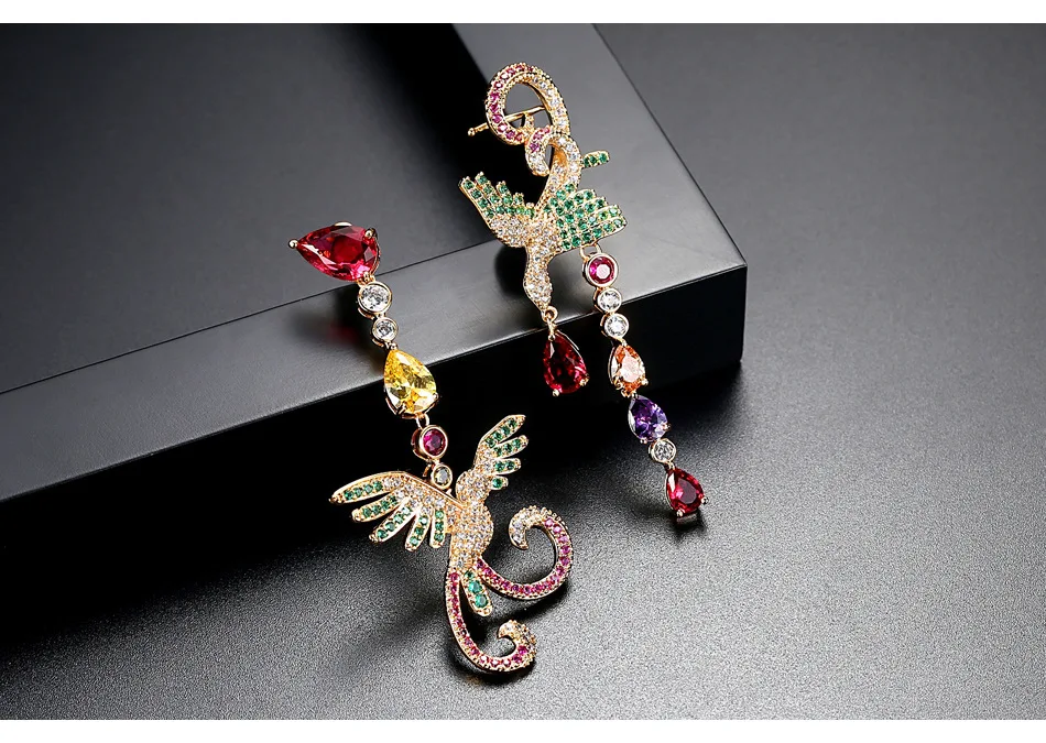 CZ розовое золото Асимметричные животные Феникс длинные висячие Висячие серьги