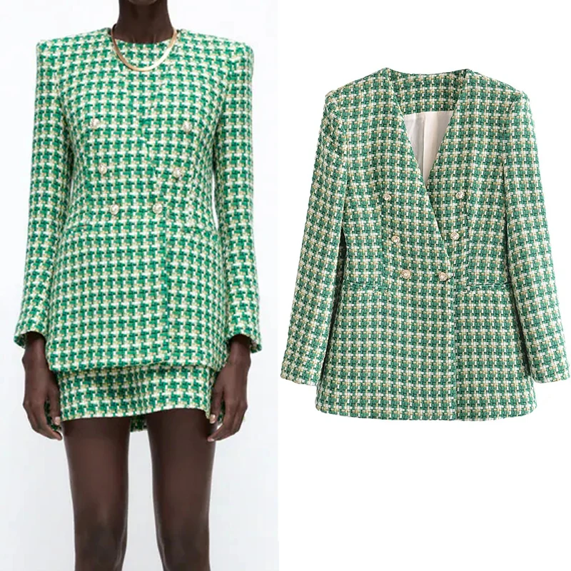 

Za 2021 Green Tweed Blazer Woman Houndstooth Long Sleeve Jacket Women Autumn Rhinestone Button Office Elegant Female Blazer