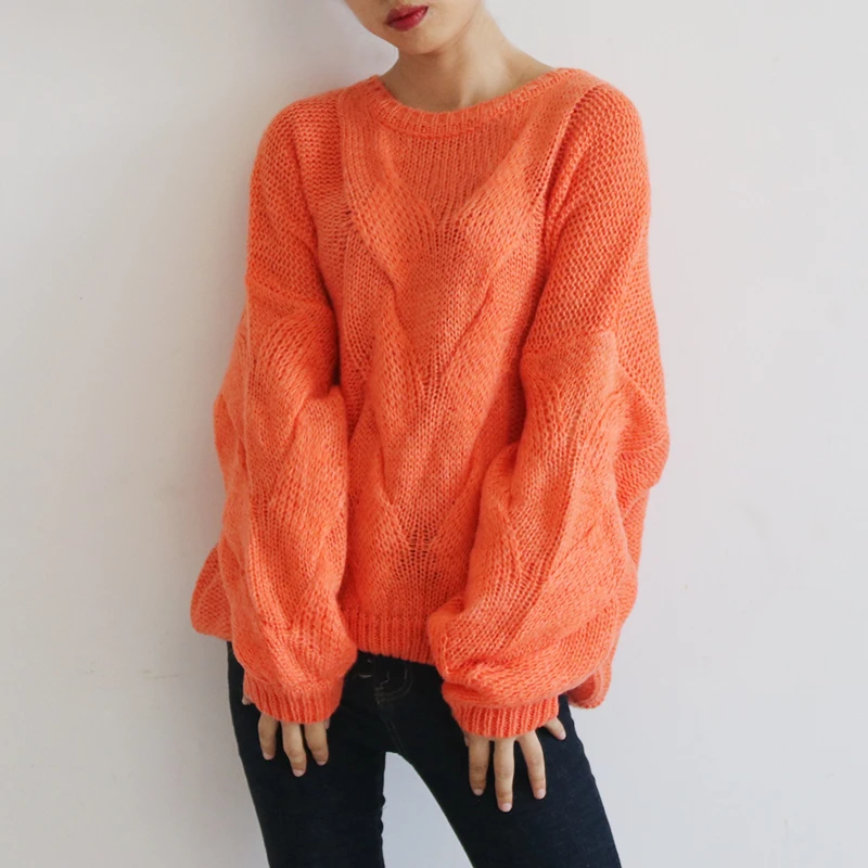 Women Mohair Pullover Sweater Lazy Wind Cable Knit 2019 Autumn Winter Lantern Sleeve Orange Oversized Jumper | Женская одежда