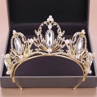 vintage baroque crystal rhinestone pearl queen crown jewelry gold headdress birthday crown bridal wedding hair accessories gift