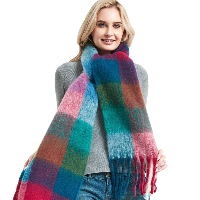 

Осень-зима 2021 Новинка утолщенная шаль Женский уличный теплый цветной клетчатый шарф с длинными кисточками модный полиэфирный