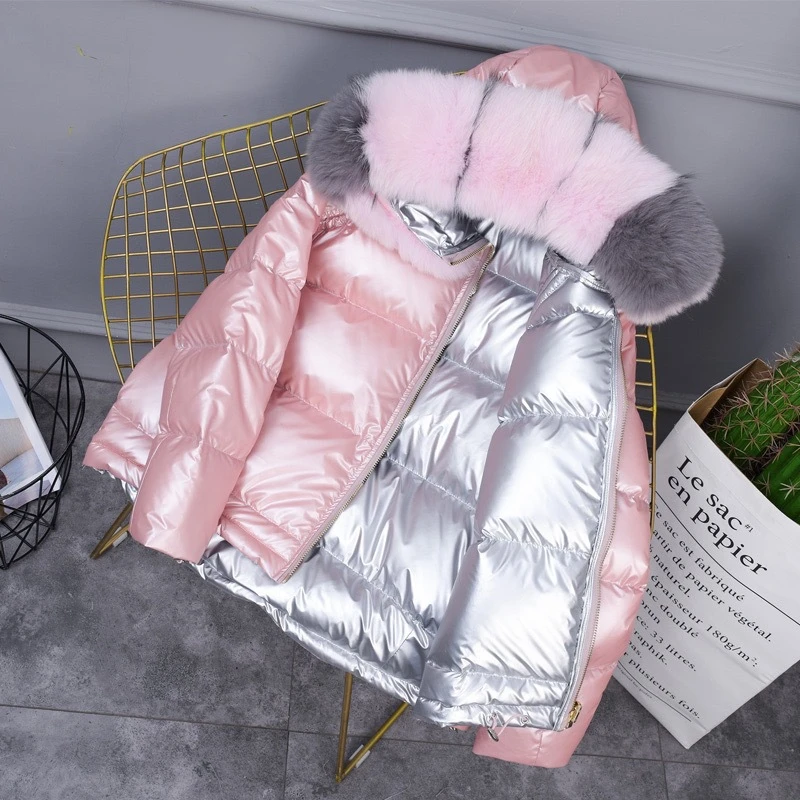 

Large Real Natural Fox Fur 2020 Winter Jacket Women Down Parkas Coats Hooded White Duck Down Jacket Double Sided Waterproof Coat