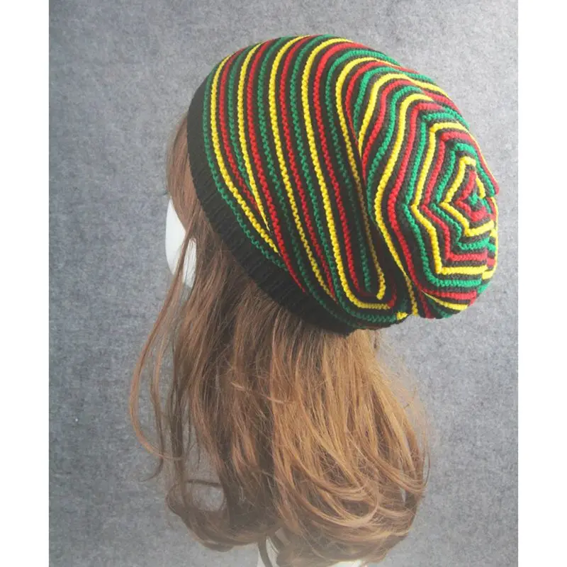 

Unisex Crochet Wavy Fine Stripes Beanie Cap Rainbow Jamaica Flag Baggy Skull Hat F42F