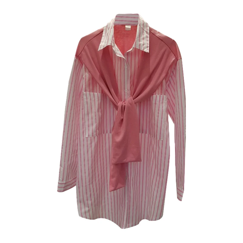 

Women's shirts New spring Shawl stitching contrast color stripe fake two shirts blouse chic