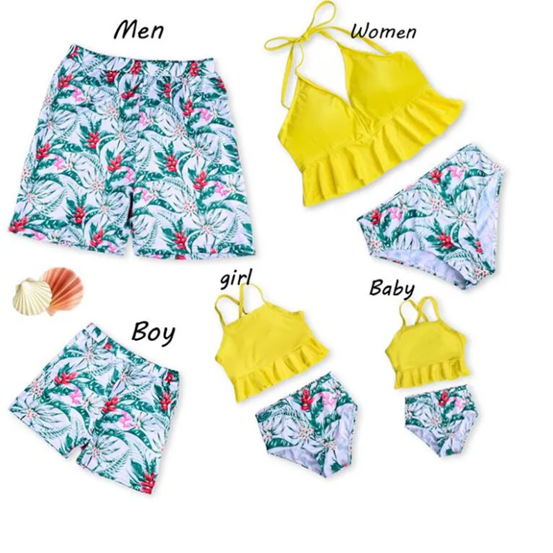 

2021 New Summer Ruffle Sleeve Swimsuits Family Look Pineapple full print Yellow Sets Family Matching Swimwear Boy Girls Suit