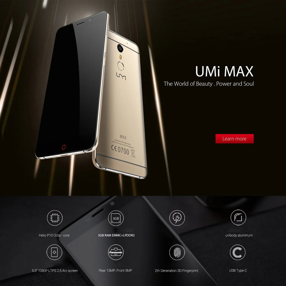 UMIDIGI MAX 4G 5.5 дюймов 2.5D FHD 1920 * 1080 Android 6.0 3GB + 16GB 5MP + 13MP Двойная камера с дактилоскопическим идентификатором Разблокировка смартфона.