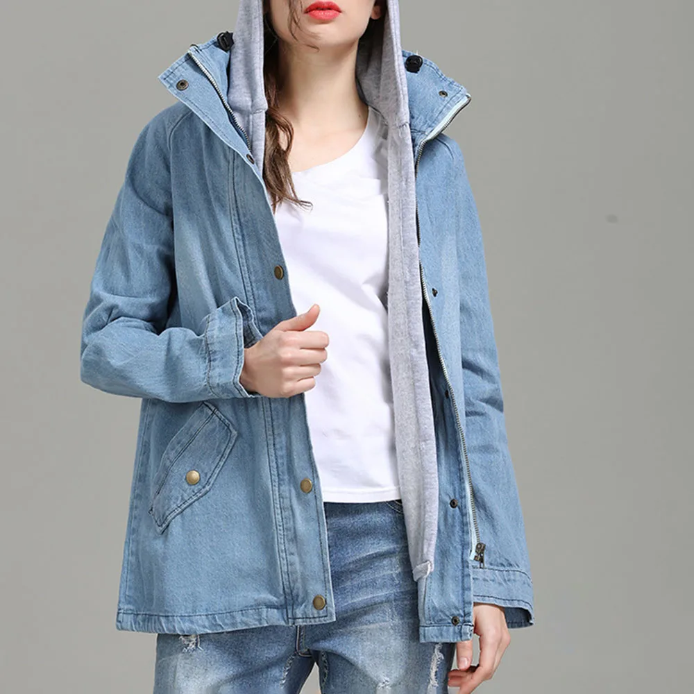

2019 Autumn And Winter Women's Denim Jacket Hooded Loose Thin Windbreaker Waistcoat Two-piece Korea Fashion Female Coat Casual