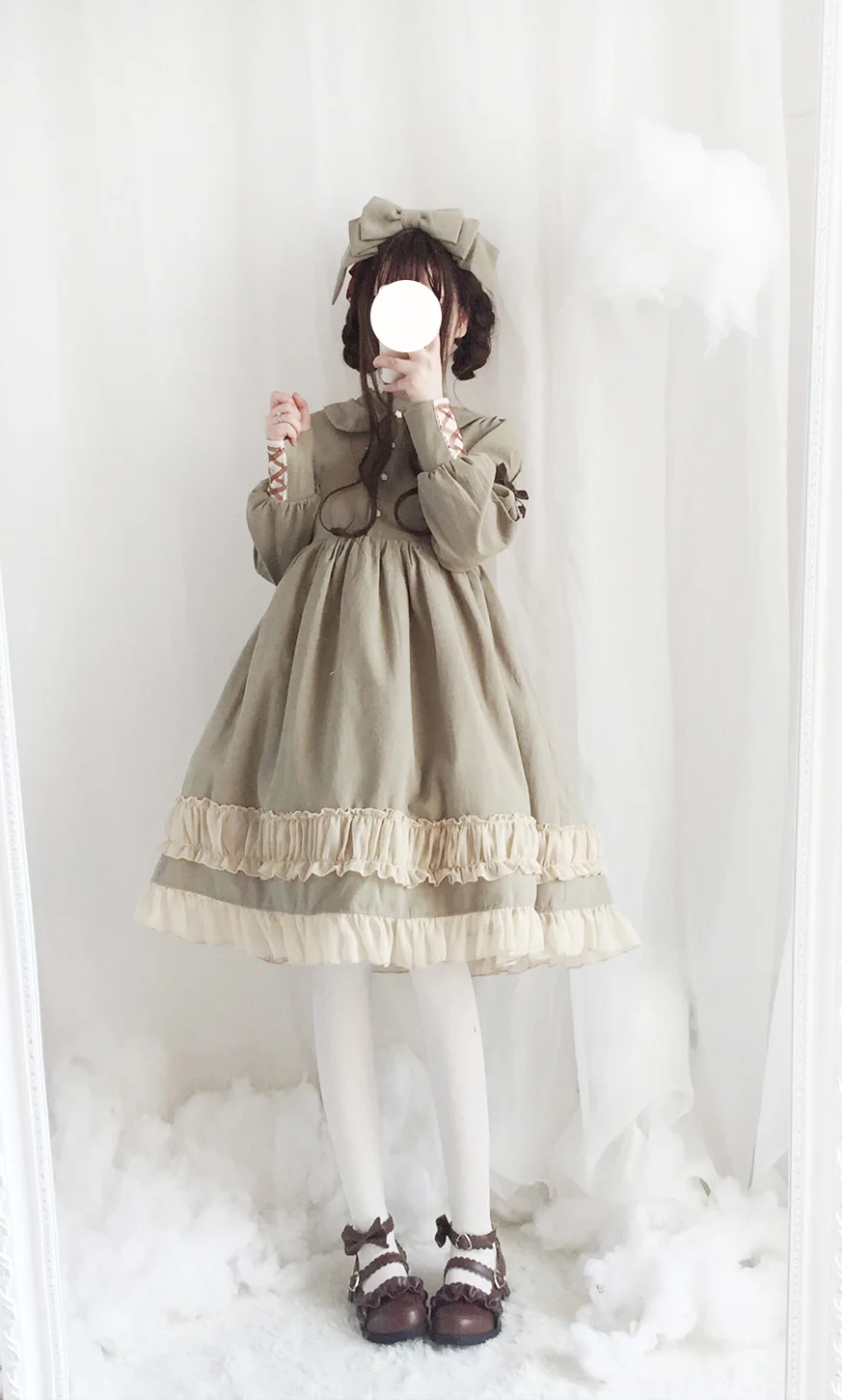 Only Green Dress Винтажное милое Пышное Платье в стиле Лолиты, платье принцессы с завышенной талией, осенне-зимнее женское элегантное платье с длинными рукавами и бантом, 3 цвета - Цвет: Only Green Dress