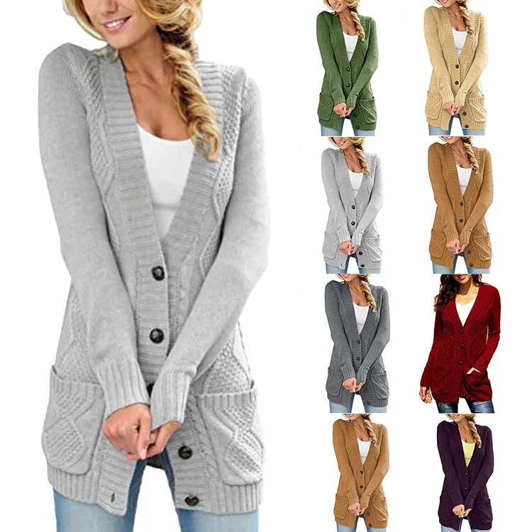 

ZJZLL 2021 Autumn and Winter New European and American Long Sweater Women's Solid Color Twist Button Cardigan Coat