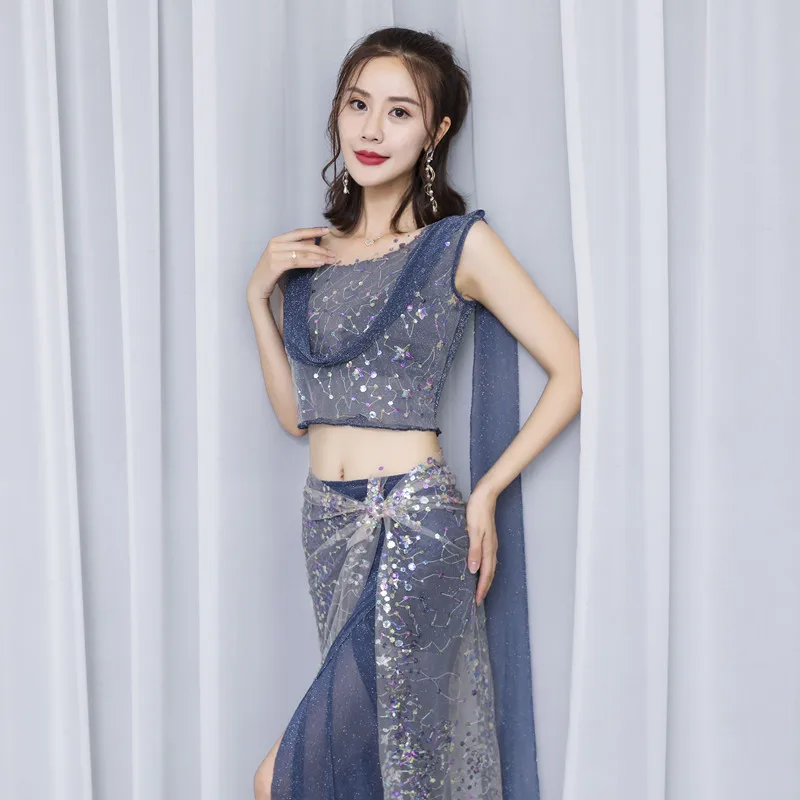 Women Belly Dance Costume 2-piece Set Top And Dress Adult Sexy Sequin Practice Wear Oriental Bellydance Clothes For Girls | Тематическая