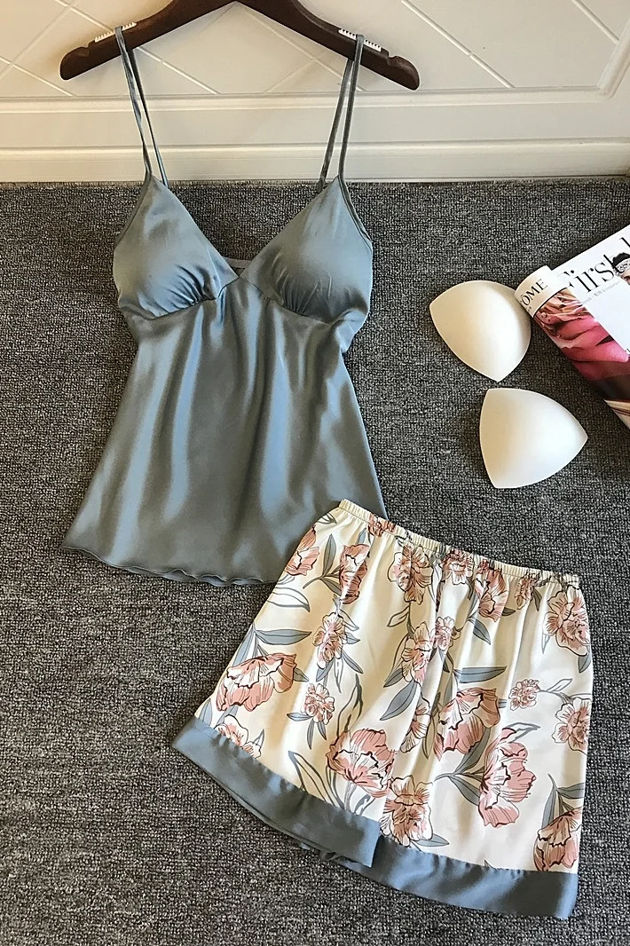 

Sexy and Alluring Pajamas Women's Summer Belt Bra Gathered Suspender Shorts Two Piece Ice Silk Printed Home Suit