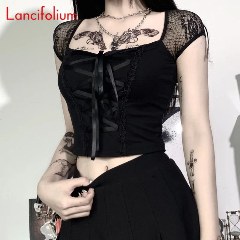 

Sexy Mesh Sleeve Patchwork Punk Gothic T Shirt Women Summer Lace Up Bandage Black Harajuku Fairy Grunge Mall Goth Crop Top Tee