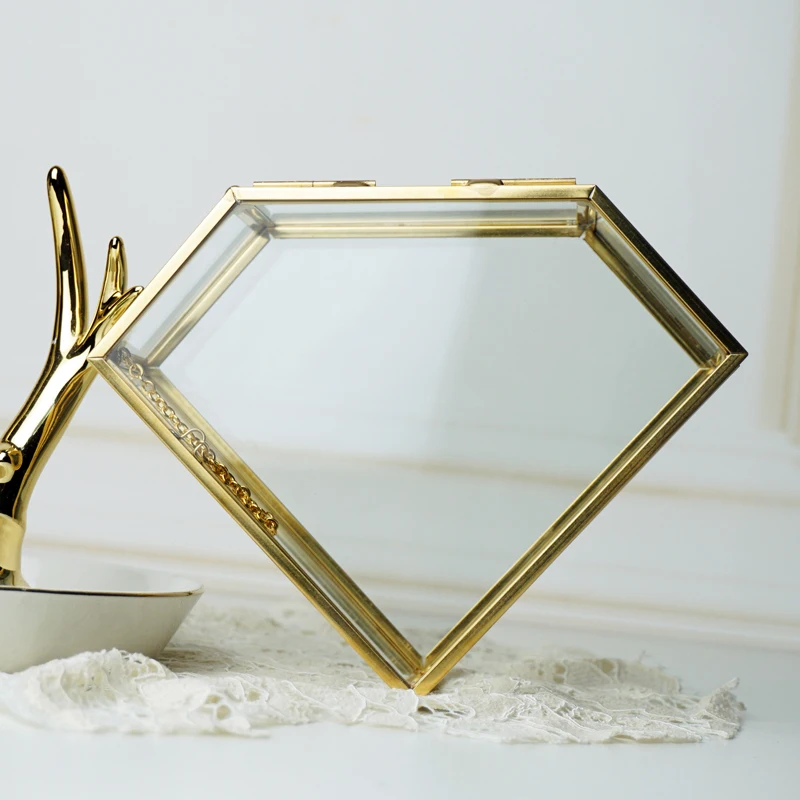 

Geometric Diamond Shape Copper Edge Glass Jewelry Box Desktop Decoration Jewelry Storage Wedding Ring Box Valentines Day present