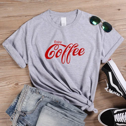 Gray-Red ONSEME, женская футболка, Enjoy coffee, с буквенным принтом, футболки, женская уличная одежда, базовые хлопковые футболки, Cola, футболка, Harajuku, слоган, топы - Цвет: Gray-Red