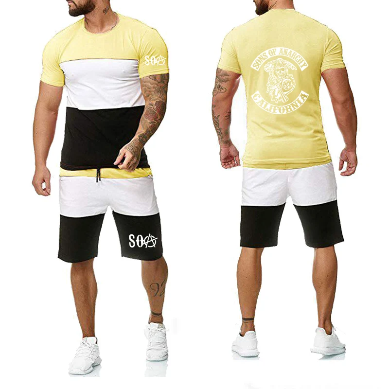 

New Summer Men's short sleeve SOA Sons of anarchy the child SONS Printed High Quality Fashion Men's T-Shirt Pants Suit 2Pcs