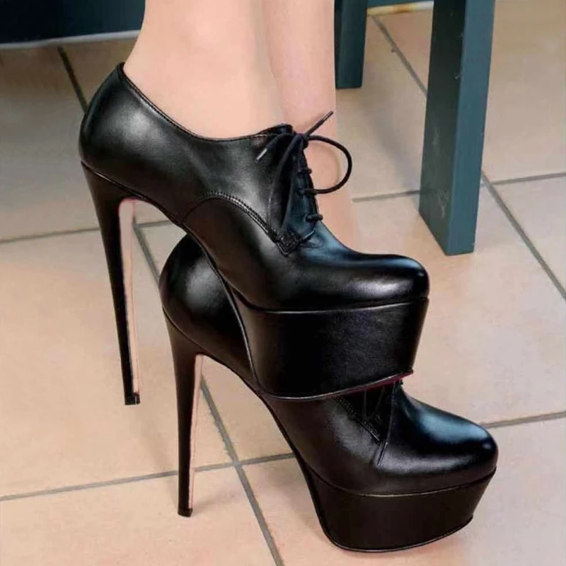

British Style Bullock High Heel Platform Leather Shoes For Women Lace-up Pumps 16 Cm Heels Fetish Stilettos Female New