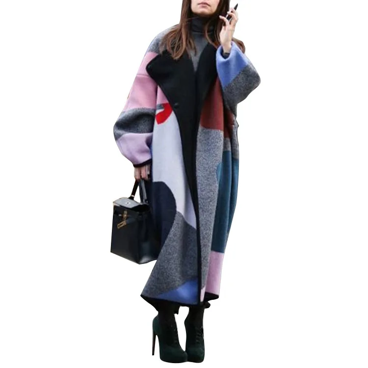 

Autumn and Winter 2020 Fashion Color Matching Print Turn Down Collar Jacket Women Coat V514