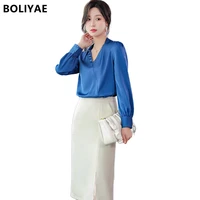 boliyae fashion woman blouses 2021 spring and autumn white satin v neck long sleeve chiffon shirt with pants tops and skirt suit