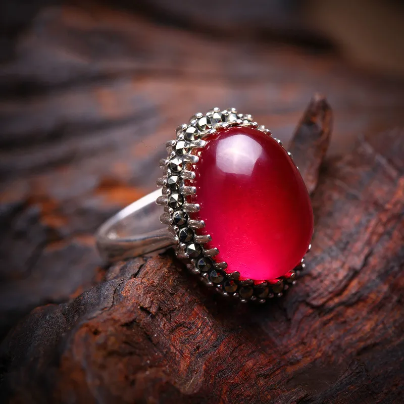 

16*12 Natural Red Chalcedony Jade Ring 925 Sterling Silver Ring For Women Prong Setting Gemstones Wedding Fine Jewelry