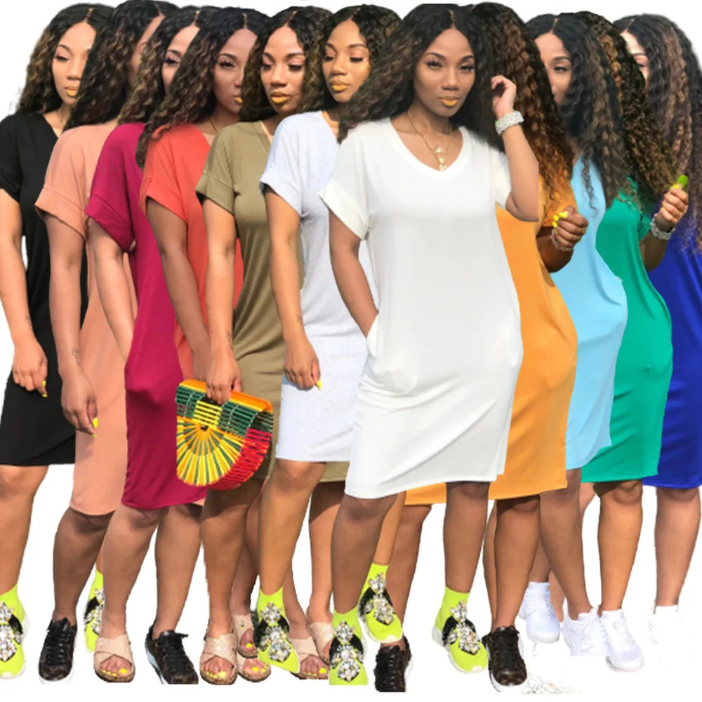 

2021 Casual Fashion Side Pockets Knee Length Dress Solid Deep V Neck Short Sleeve T-shirt Dress Summer Clothes for Women