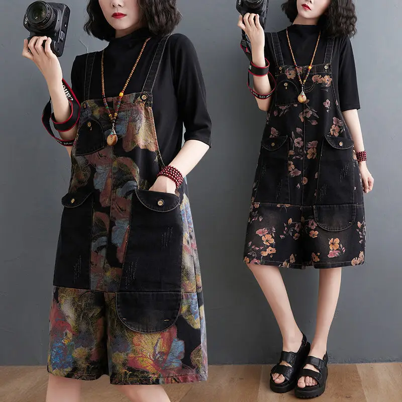 

2021 Fashion Fat Mm Spring And Summer Korean Denim New Strap Pants Women's Wide Leg Jumpsuit Women Retro Loose Nine Point Harem