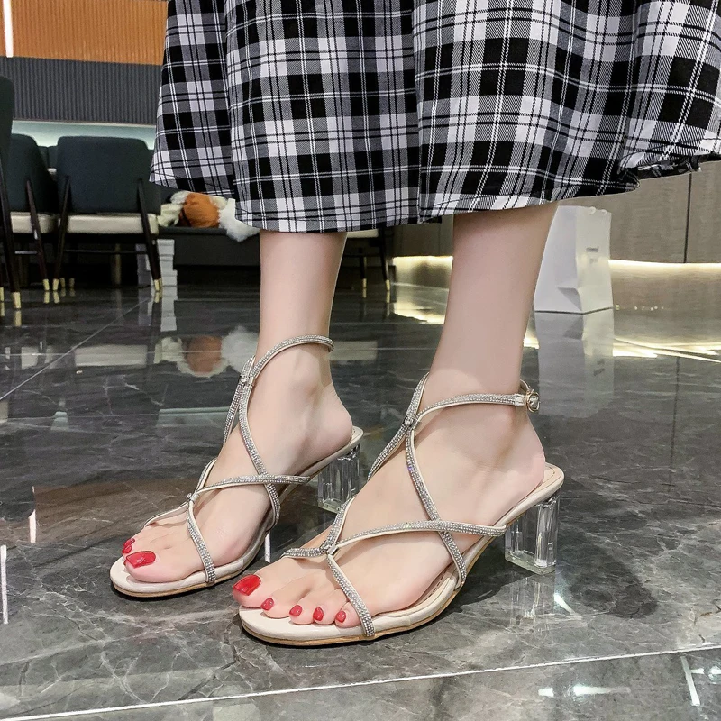 

2021 New Women's Sexy Heels Sandals Woman's Fashion High Heel Ankle Buckle Narrow Band Crystal Summer Party Shoes Ladies Sandals
