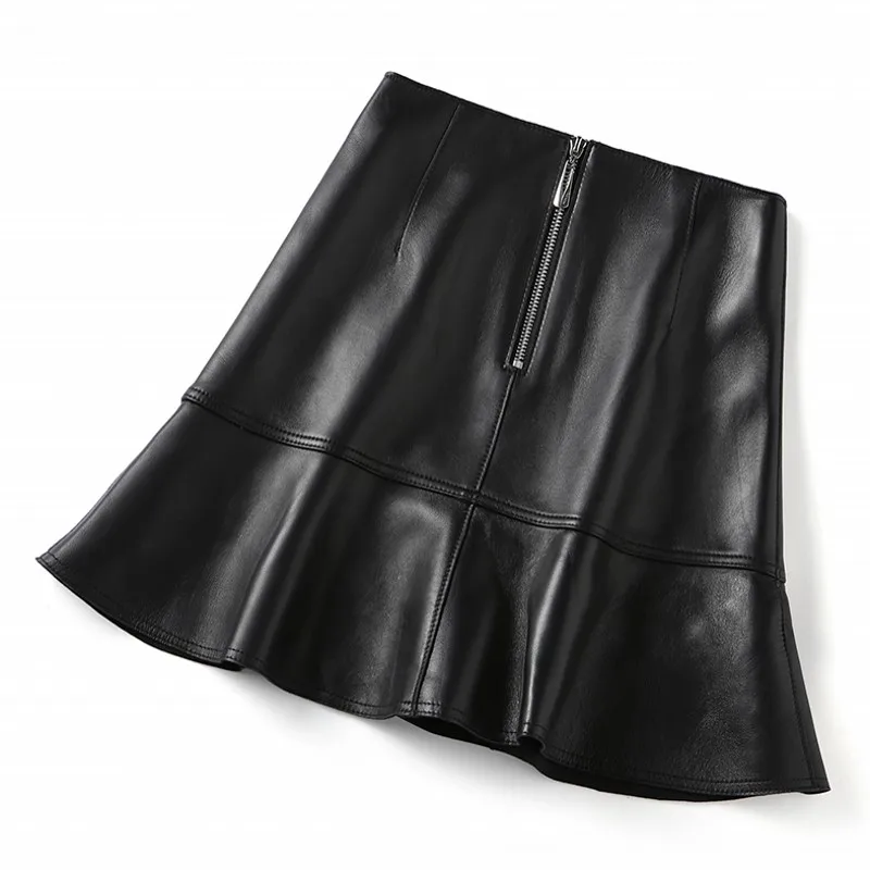 

Korean Style High Quality New Womens Genuine Leather Fashion High Waist Skirt Sheepskin Ruffle Above Knee A-Line Elegant Skirt