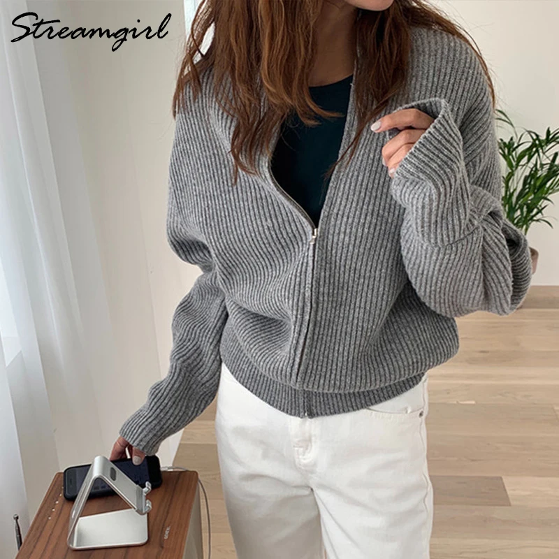 

Женский вязаный кардиган на молнии, серый винтажный Свитер оверсайз с длинным рукавом, зима 2021