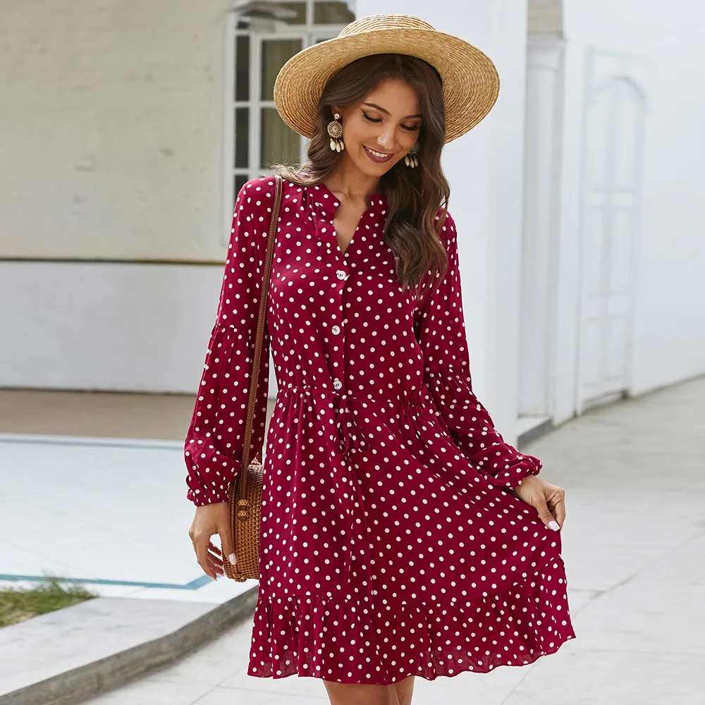 Red White Black Polka Dot Shirt Dress Women Party Bandage Plus Size Elegant Chiffon Button A-Line Long Sleeve Robe Fille Vestido | Женская