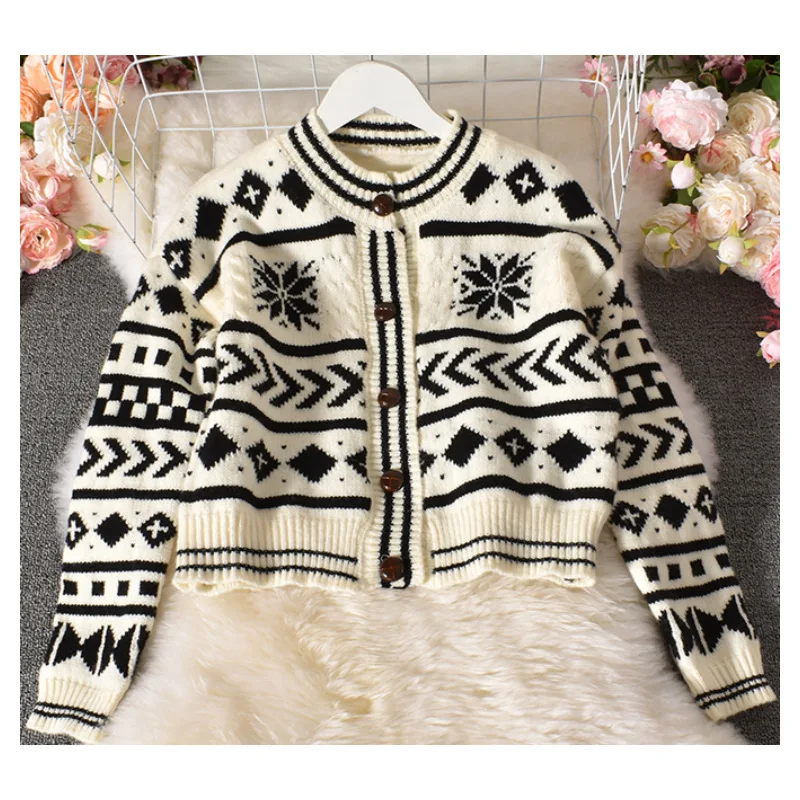 

Elegant Women Sweater Cardigan Color Block Geometric Knitted Outerwear Coat mujer femme Korean Style Autumn Winter Thick Sweater
