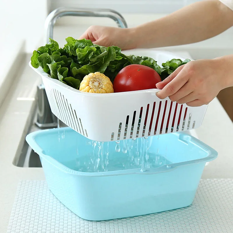 

Drain Basket Home Fruit Storage Box Wash Basket Kitchen Double Wash Basin Plastic Storage Basin
