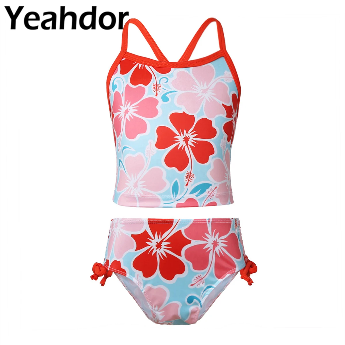 

Летние Детские купальники для девочек, одежда для купания, пляжная одежда, танкини, купальный костюм с цветочным принтом, топы с боковыми нитями