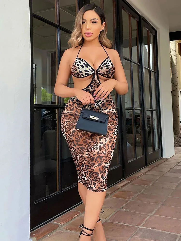 

Leopard Slim Dress Fashion Party Prom Female Dresses Bodycon 2021 New Women's Asymmetric Sleeveless Bandage Sexy See Through