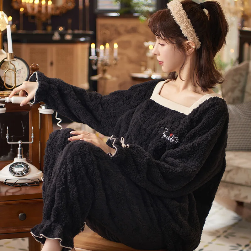 Women Autumn Winter Plush Pajamas Korean Thicken Coral Fleece Plus Size Cartoon Sleepwear Cute Square Collar Home Service Suit